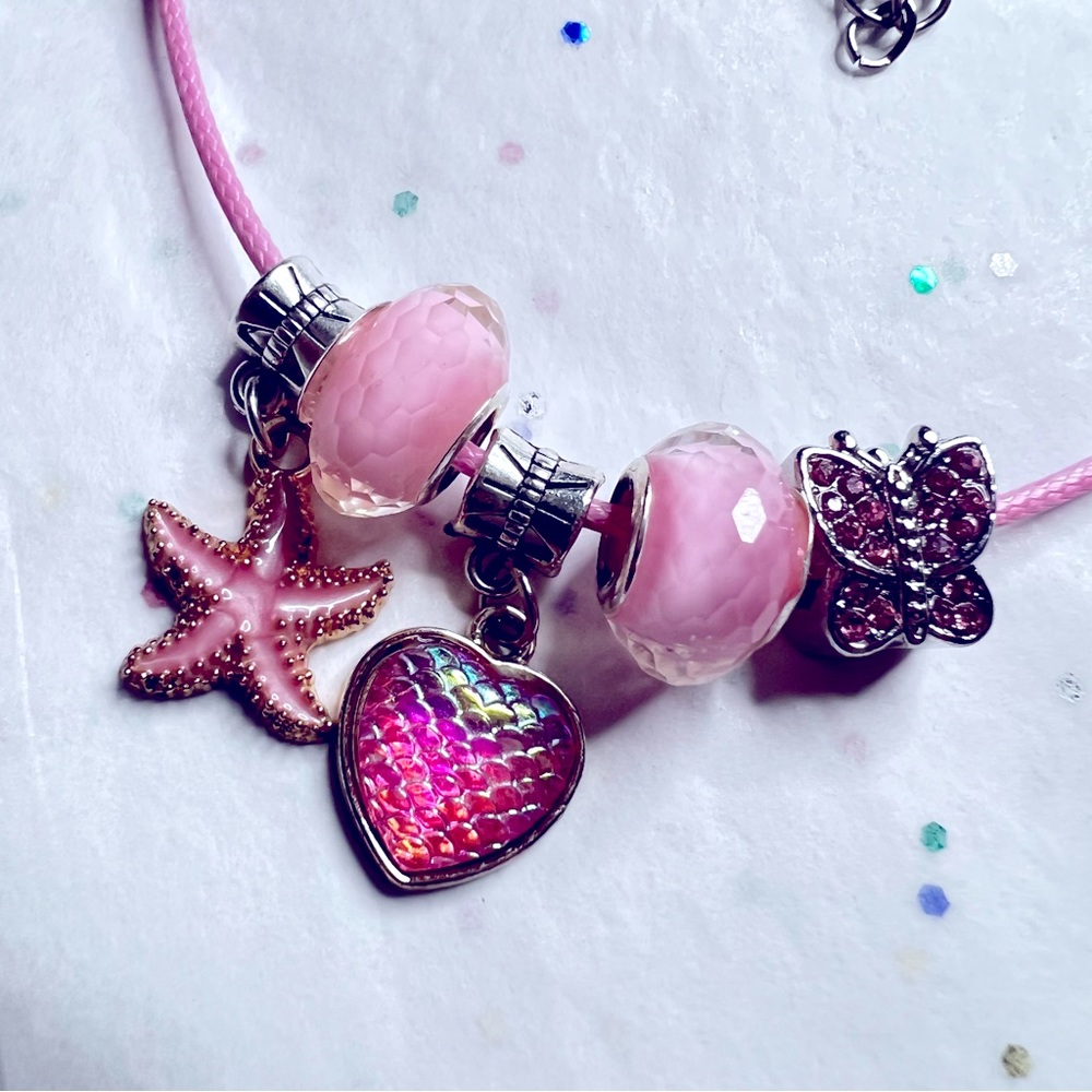 NEW PINK STARFISH HEART & BUTTERFLIES CHARM NECKLACE